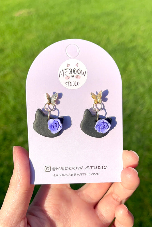 Black Cat with Purple Flowers Earrings