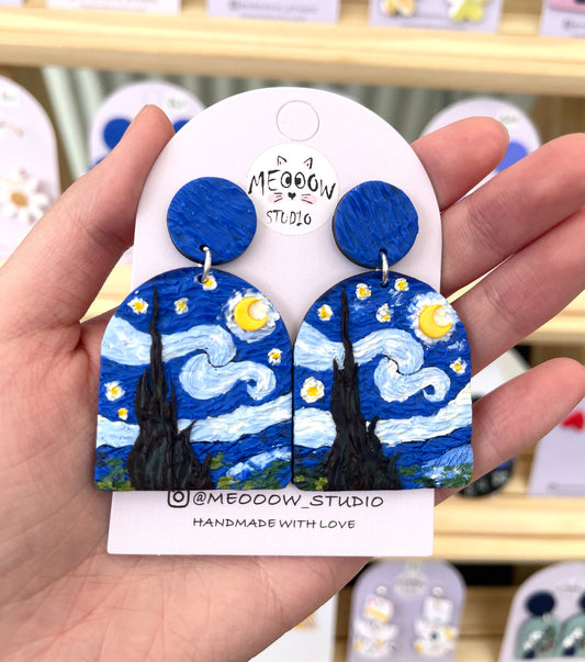 The starry night earrings, Van Gogh earrings, famous art painting jewellery, gift for her, wearable art, Statement Piece, night sky jewelry